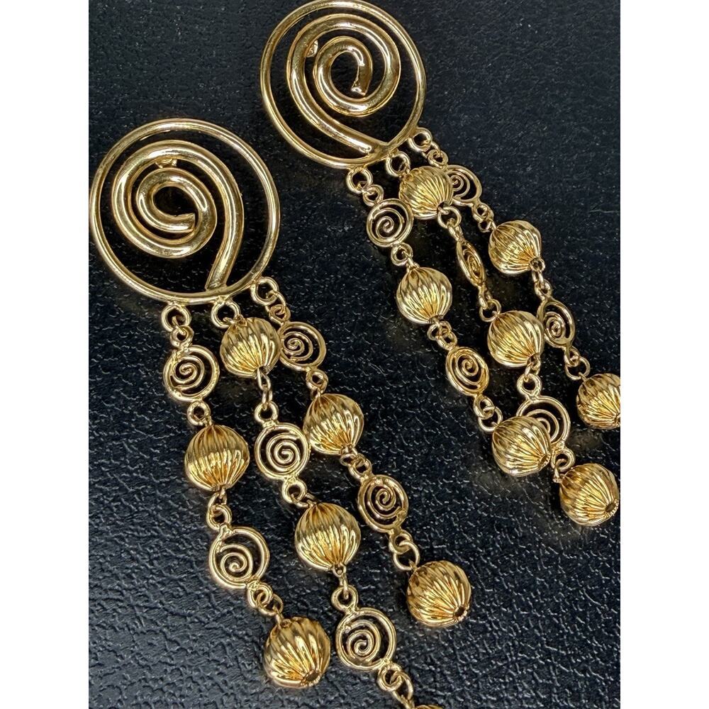 Vintage Gold Tone Statement Runway Jewelry Swirl Earrings Dangle 80s 90s